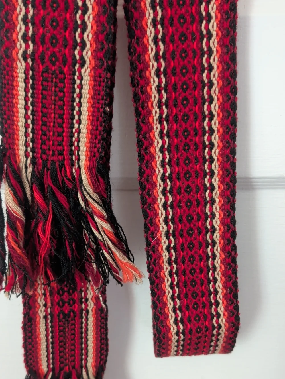 Red Sash 1970's Handwoven Black Striped Scarf Belt Fringe 82